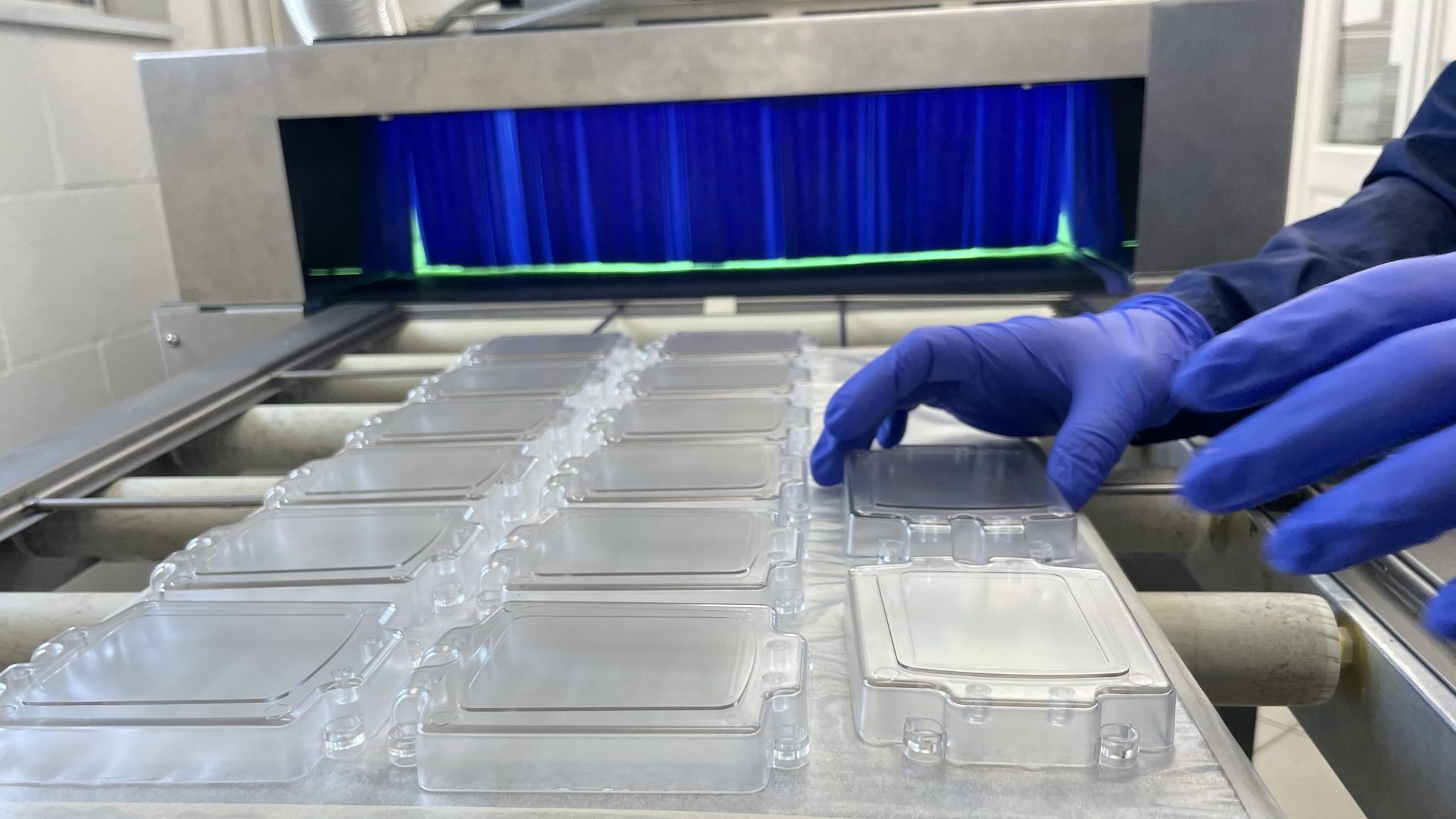 Polycarbonate injection mouldings with Optiguard hard coat applied.